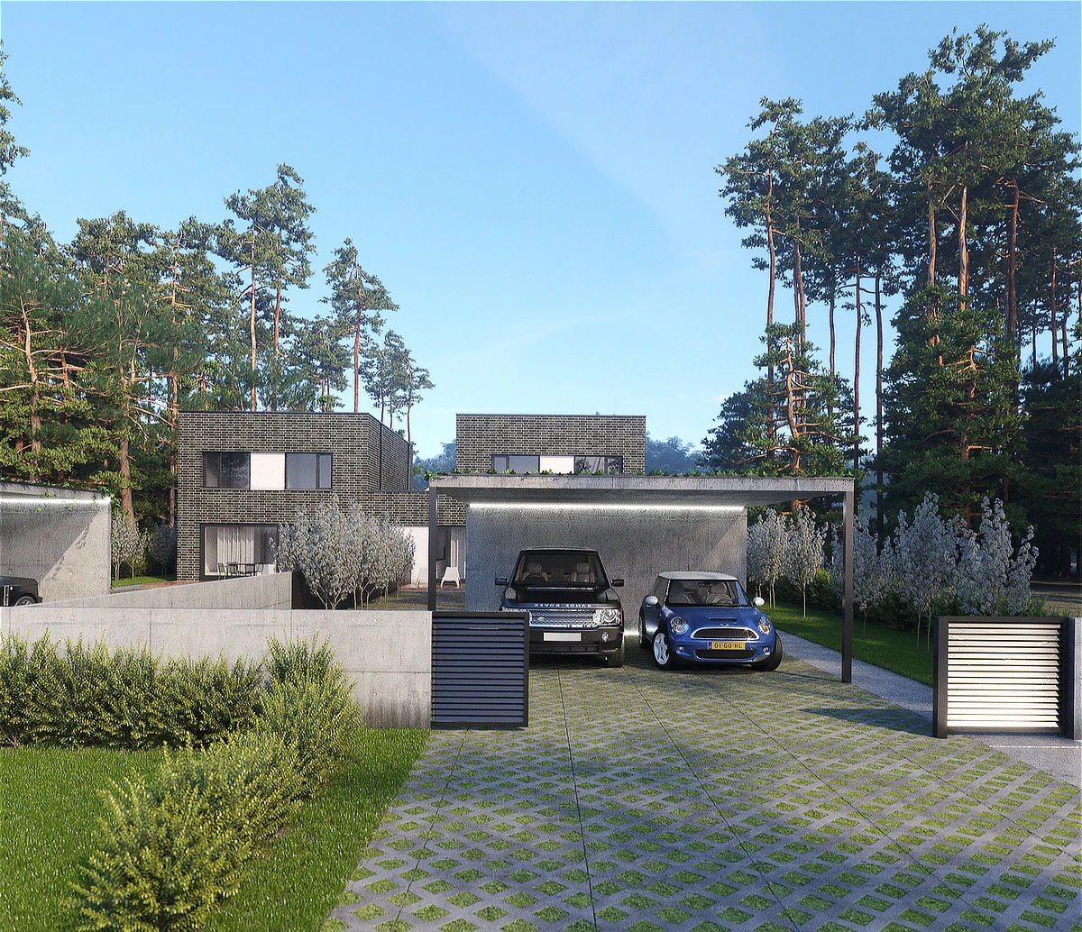 architectural renders of modern house with concrete car port surrounded by pine trees made with 3ds Max and Corona render - 01